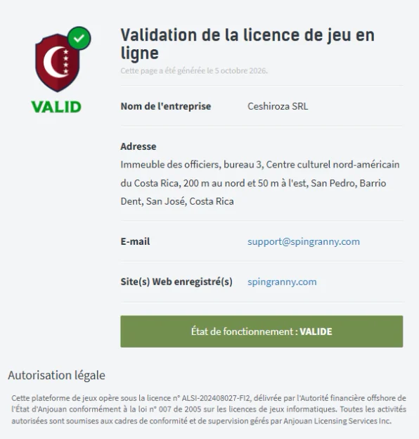 Page de validation de la licence de Spingranny indiquant l’autorité d’Anjouan, le numéro de licence et le statut valide